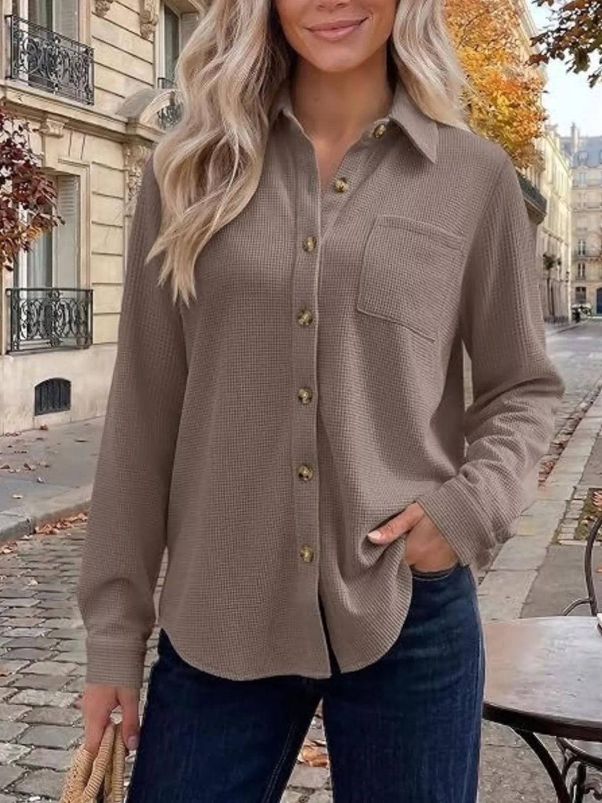 Waffle Knit Button-down Long Sleeve Shirt (2)