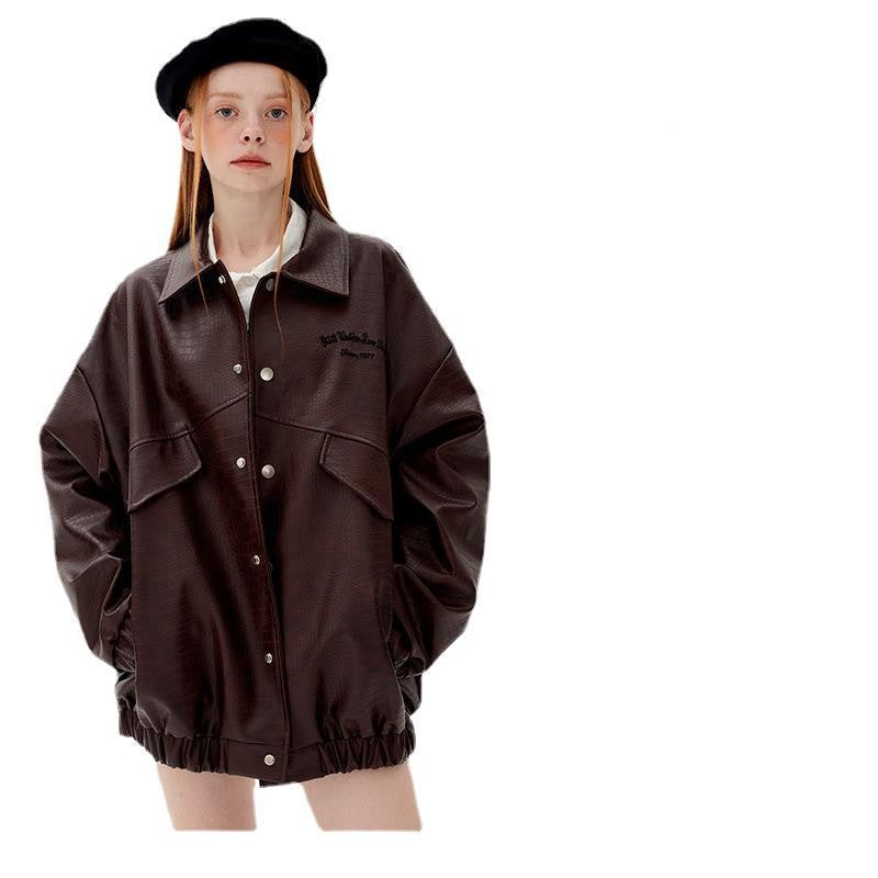 Leather Jacket Lapel Loose Retro Top photo 5