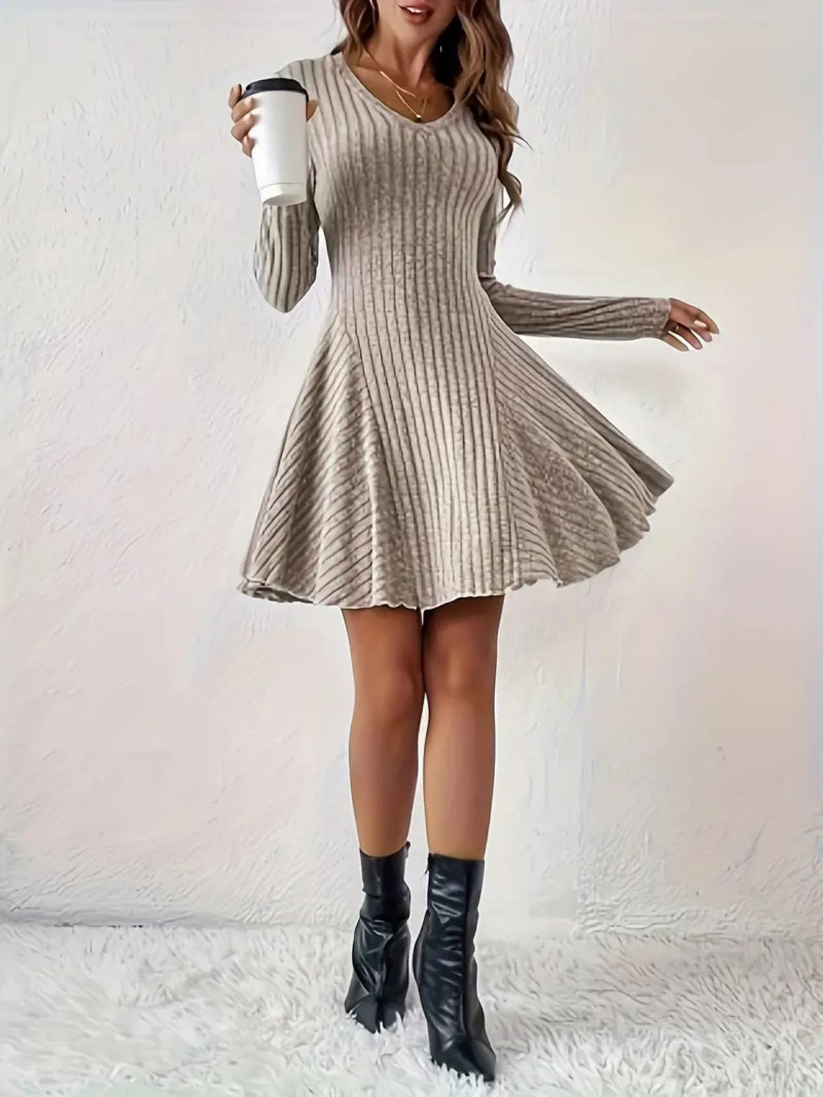 Ribbed Knit Long Sleeve A-line Dress (11)