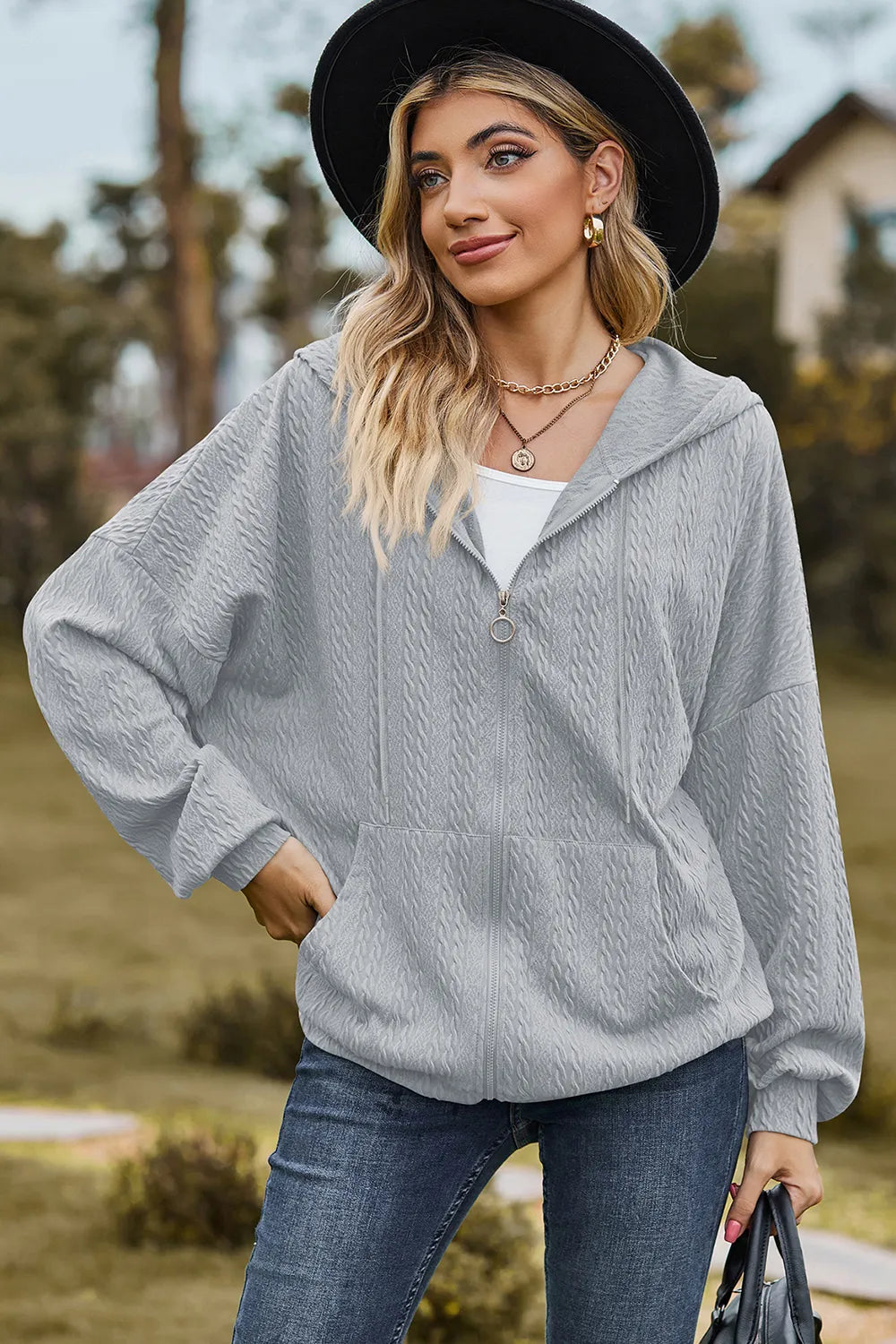 Drawstring Zip Up Dropped Shoulder Hoodie (11)