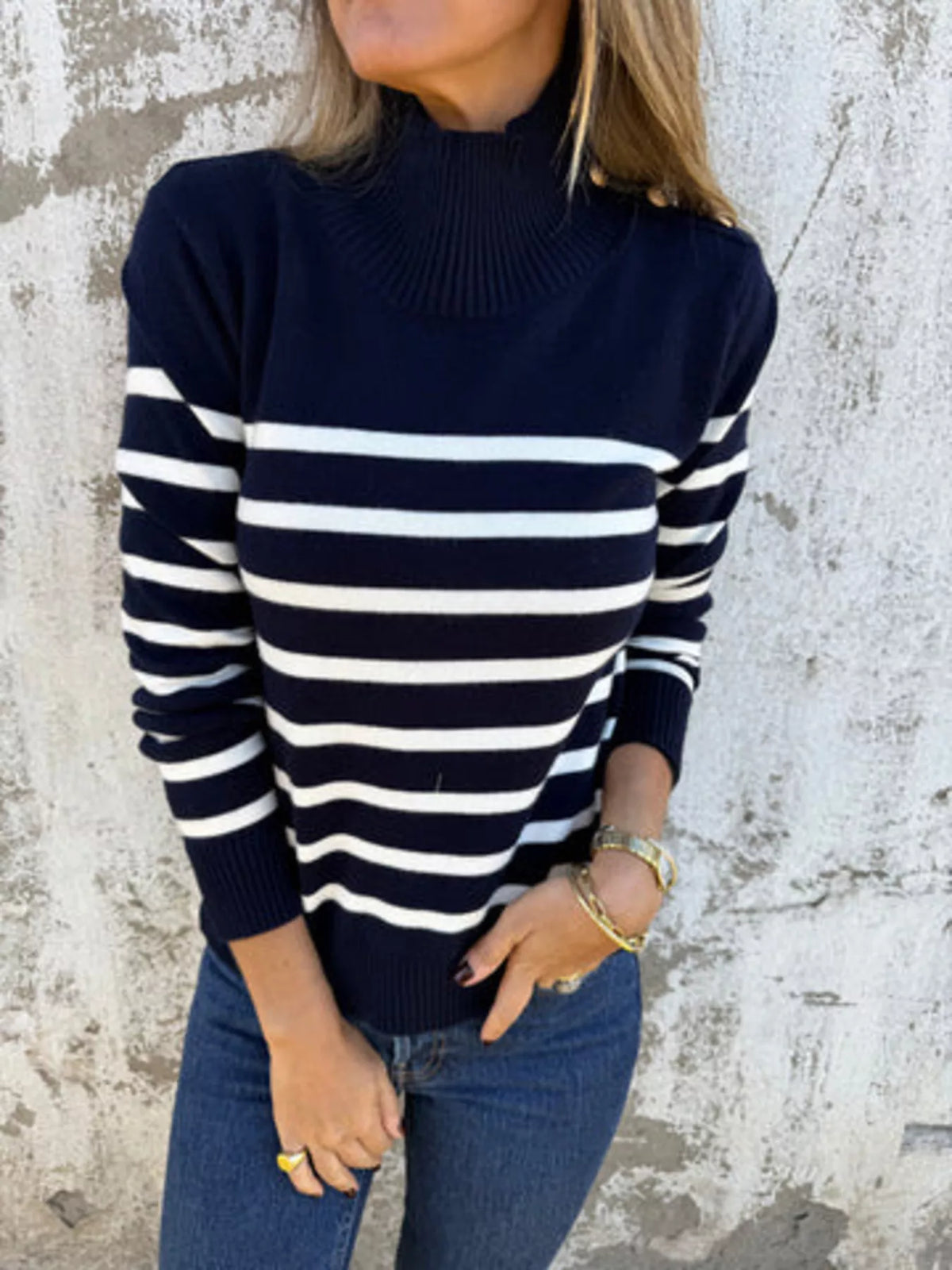 Full Size Striped Turtleneck Long Sleeve Sweater Plus (10)