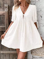V-neck Tie-front Mini Dress Puff Sleeves (12)