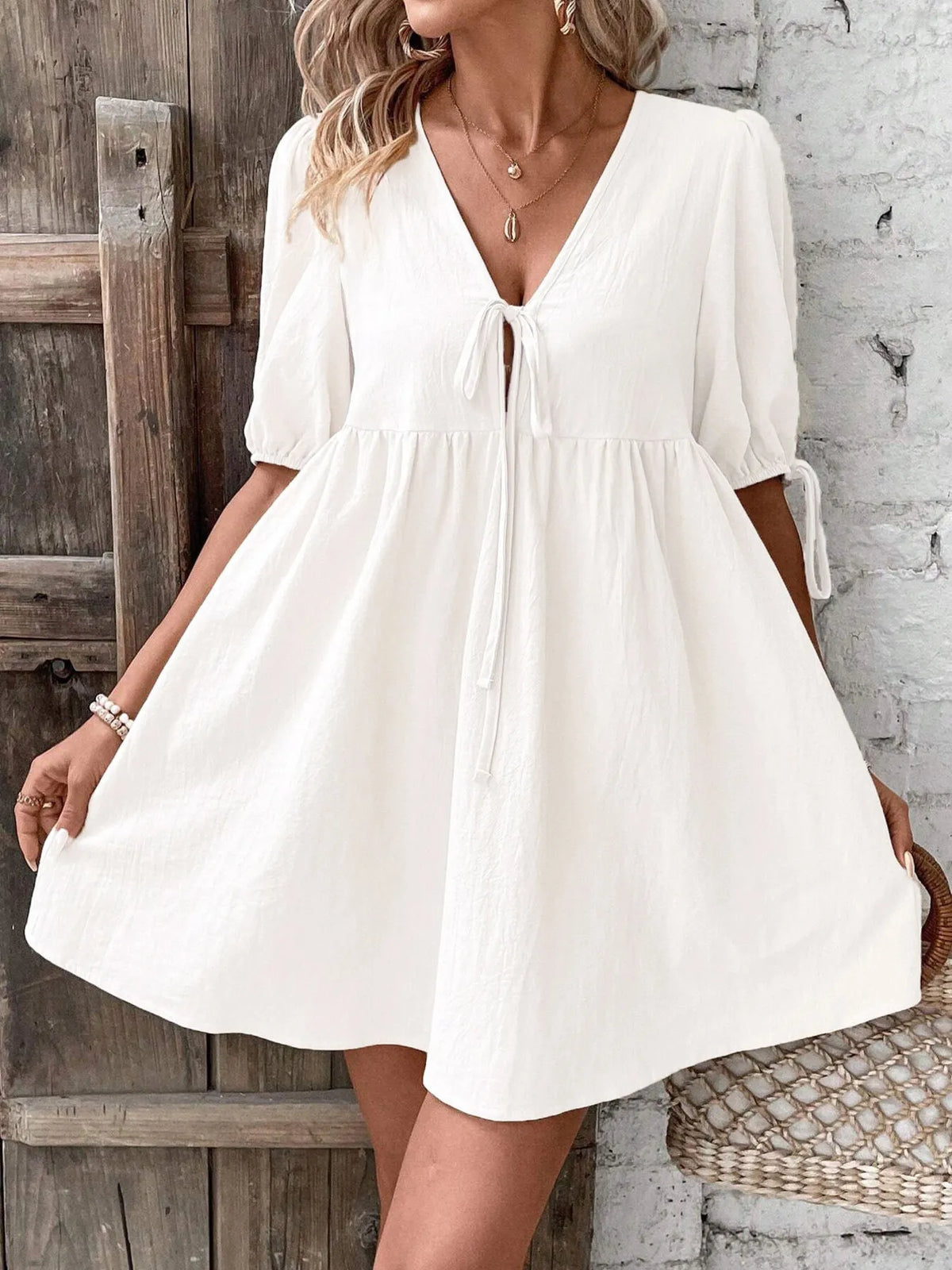 V-neck Tie-front Mini Dress Puff Sleeves (12)