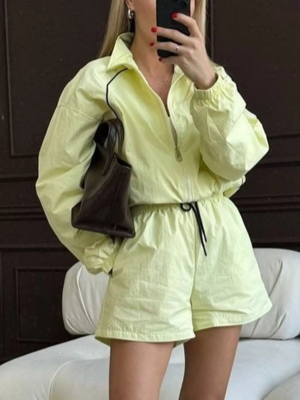 Zip Up Long Sleeve Outerwear Shorts Set (15)
