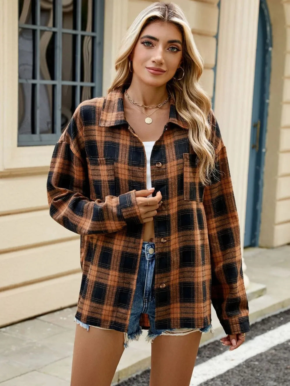 Plaid Collared Neck Long Sleeve Shirt (3)