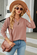 Decorative Button V-neck Long Sleeve T-shirt (20)