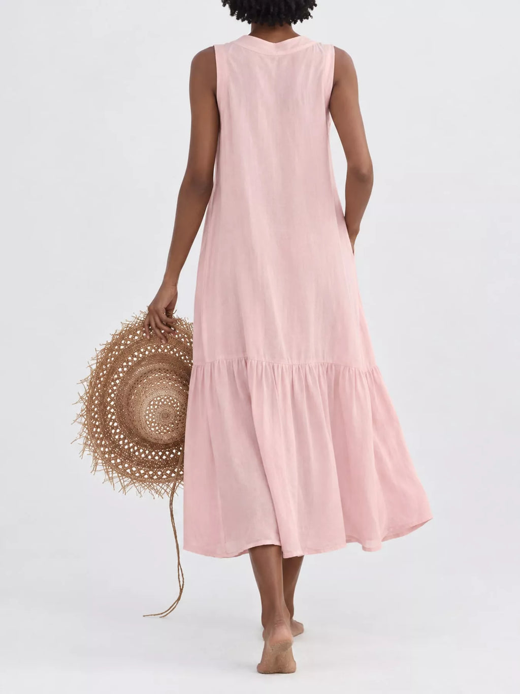 Full Size V-neck Button Front Sleeveless Midi Dress Plus (23)