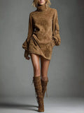 Turtleneck Lantern Sleeve Mini Dress Pockets