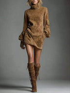 Turtleneck Lantern Sleeve Mini Dress Pockets