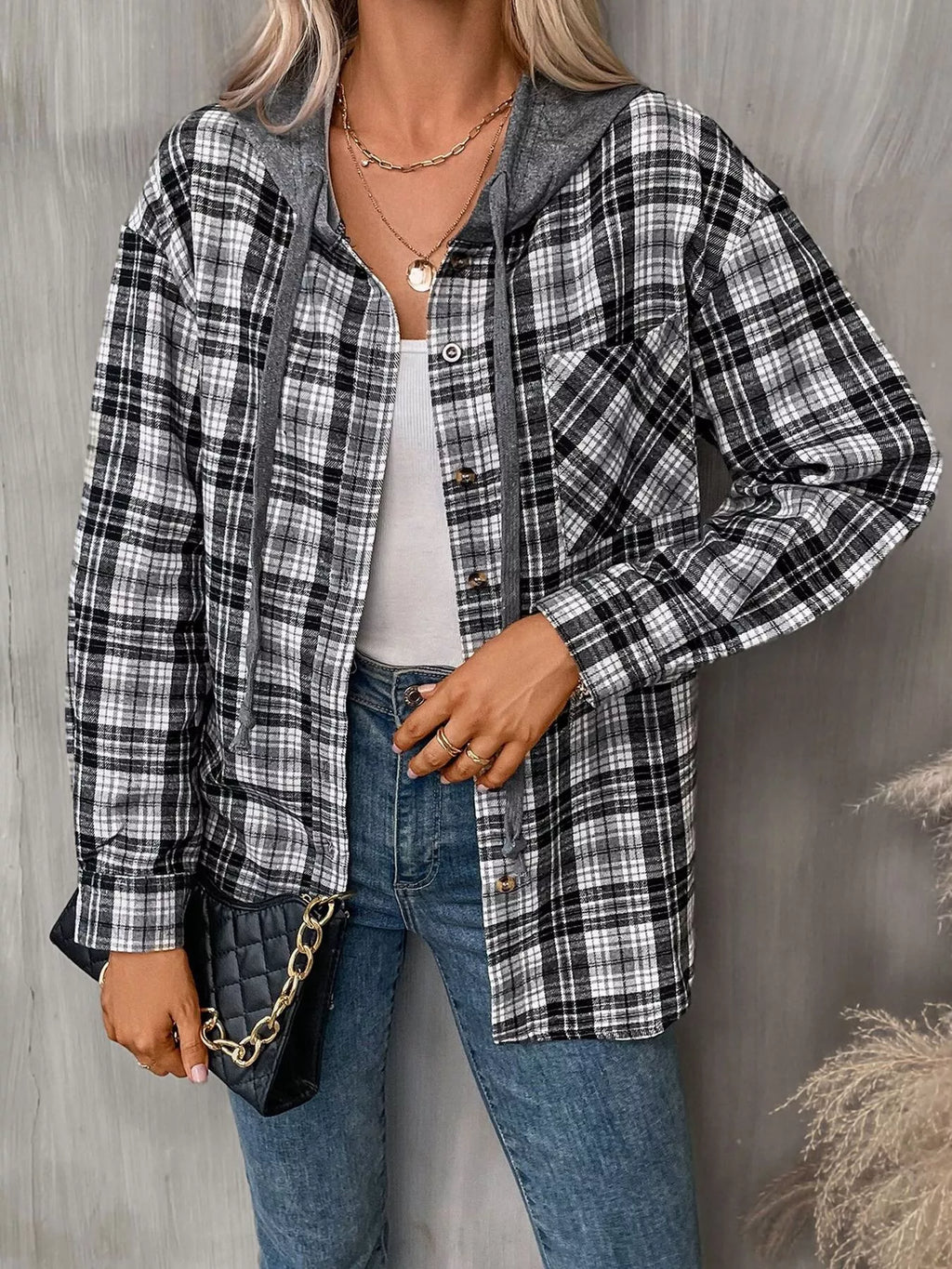 Hooded Plaid Button-up Shirt