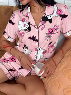 Halloween Ghost Print Button-down Top Shorts Lounge Set (6)