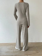 Ribbed V-neck Long Sleeve Top Pocketed Pants Set (2)