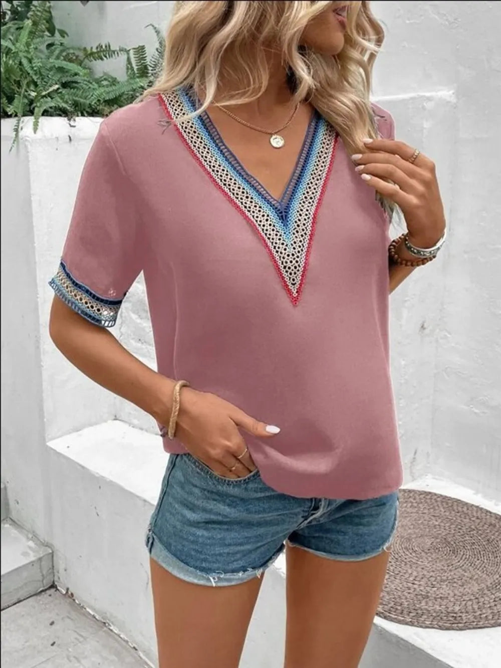 Full Size V-neck Short Sleeve Blouse (11)