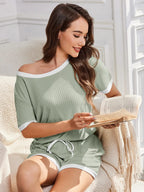 Ribbed Short Sleeve Top Shorts Set (2)