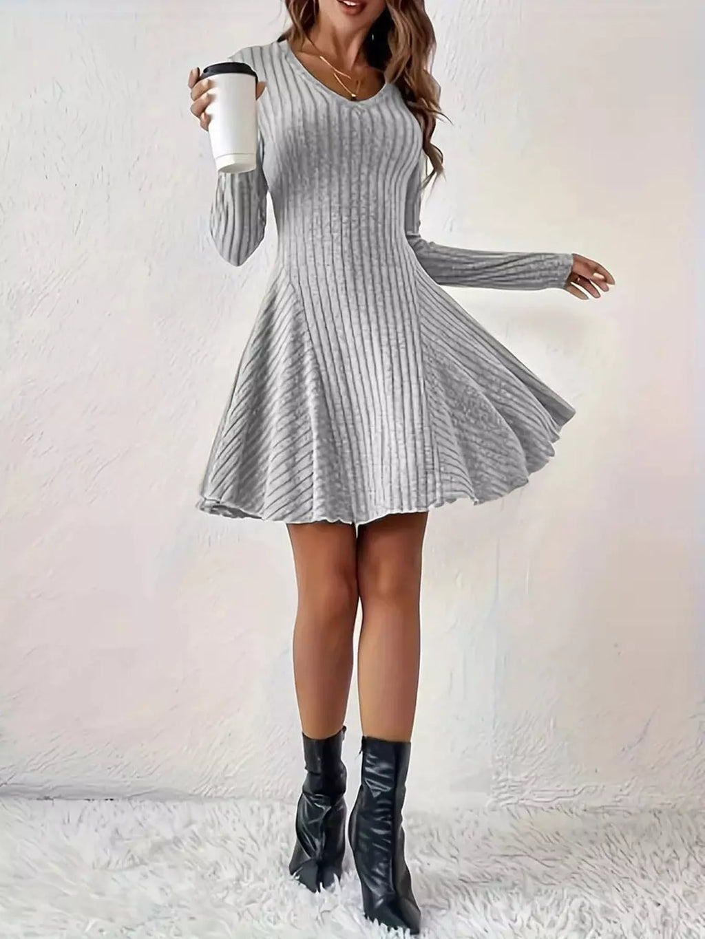 V-neck Ribbed Knit A-line Dress (29)