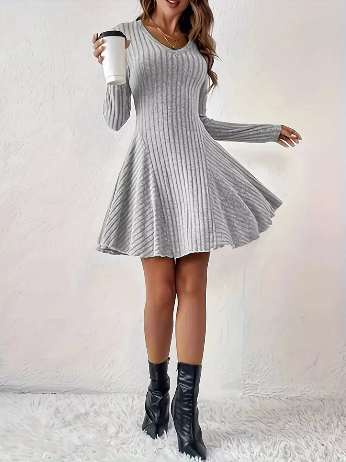 V-neck Ribbed Knit A-line Dress (29)