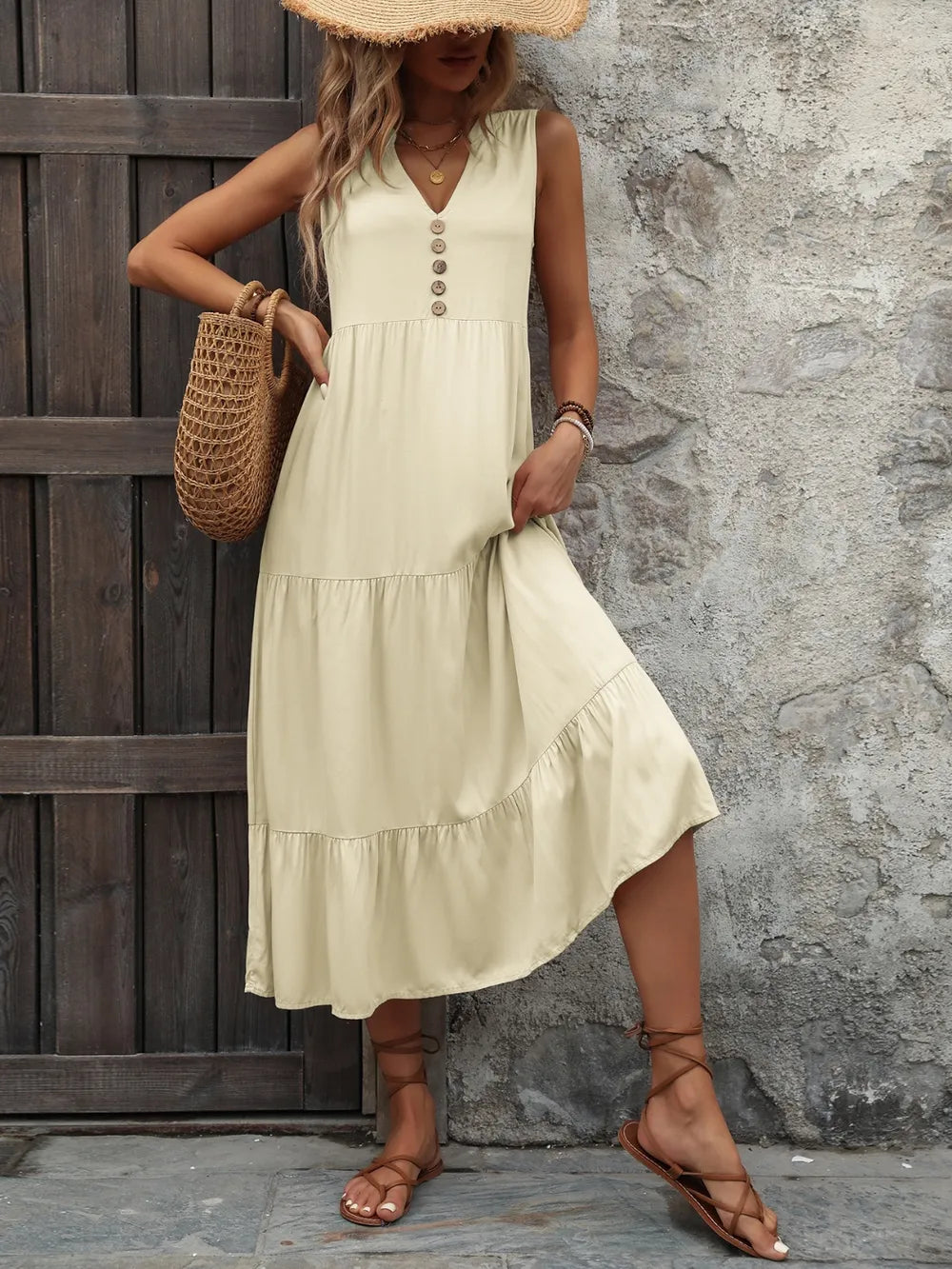Decorative Button Notched Sleeveless Dress (23)
