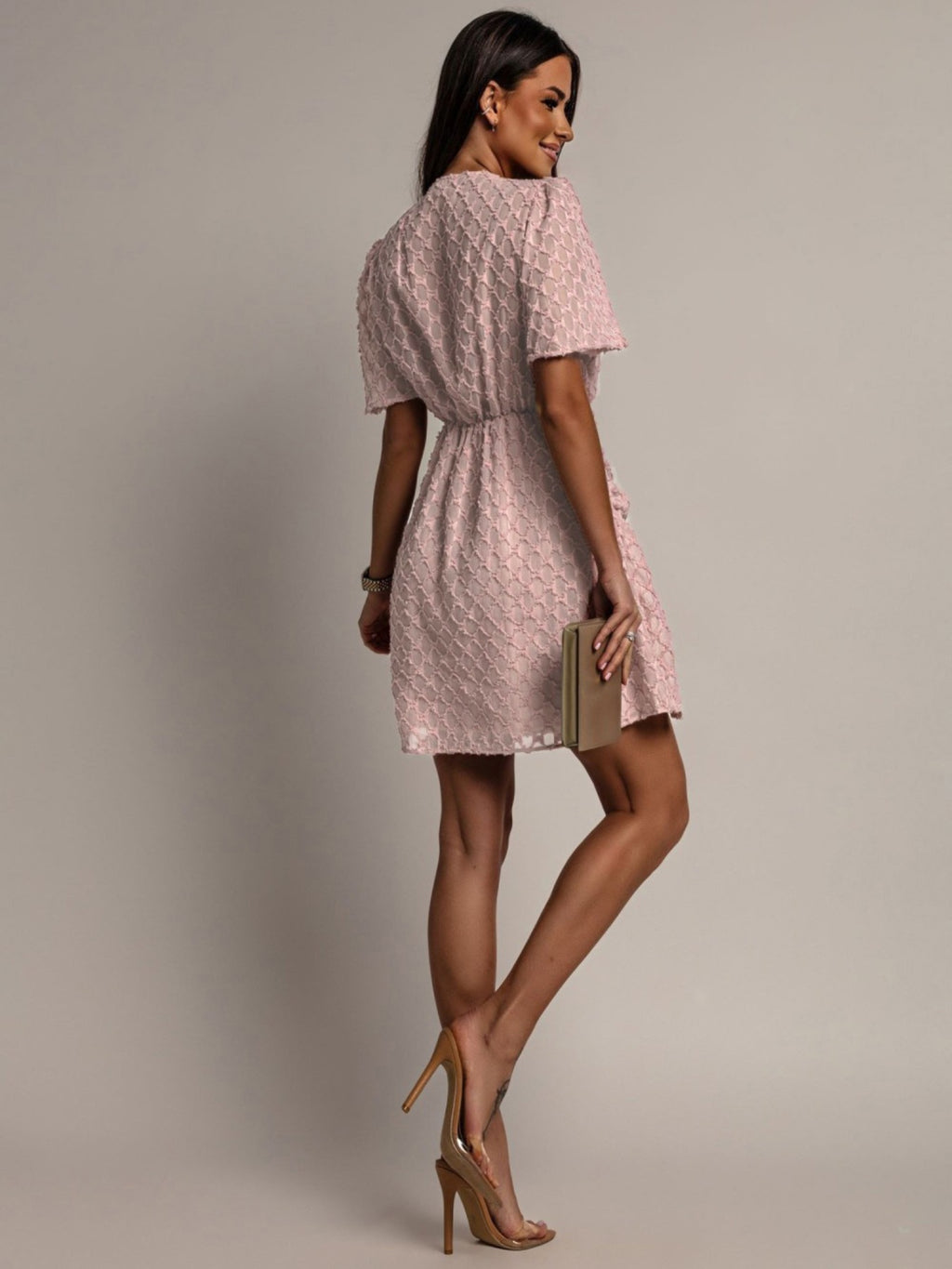 Textured Ruched Surplice Short Sleeve Dress (10)
