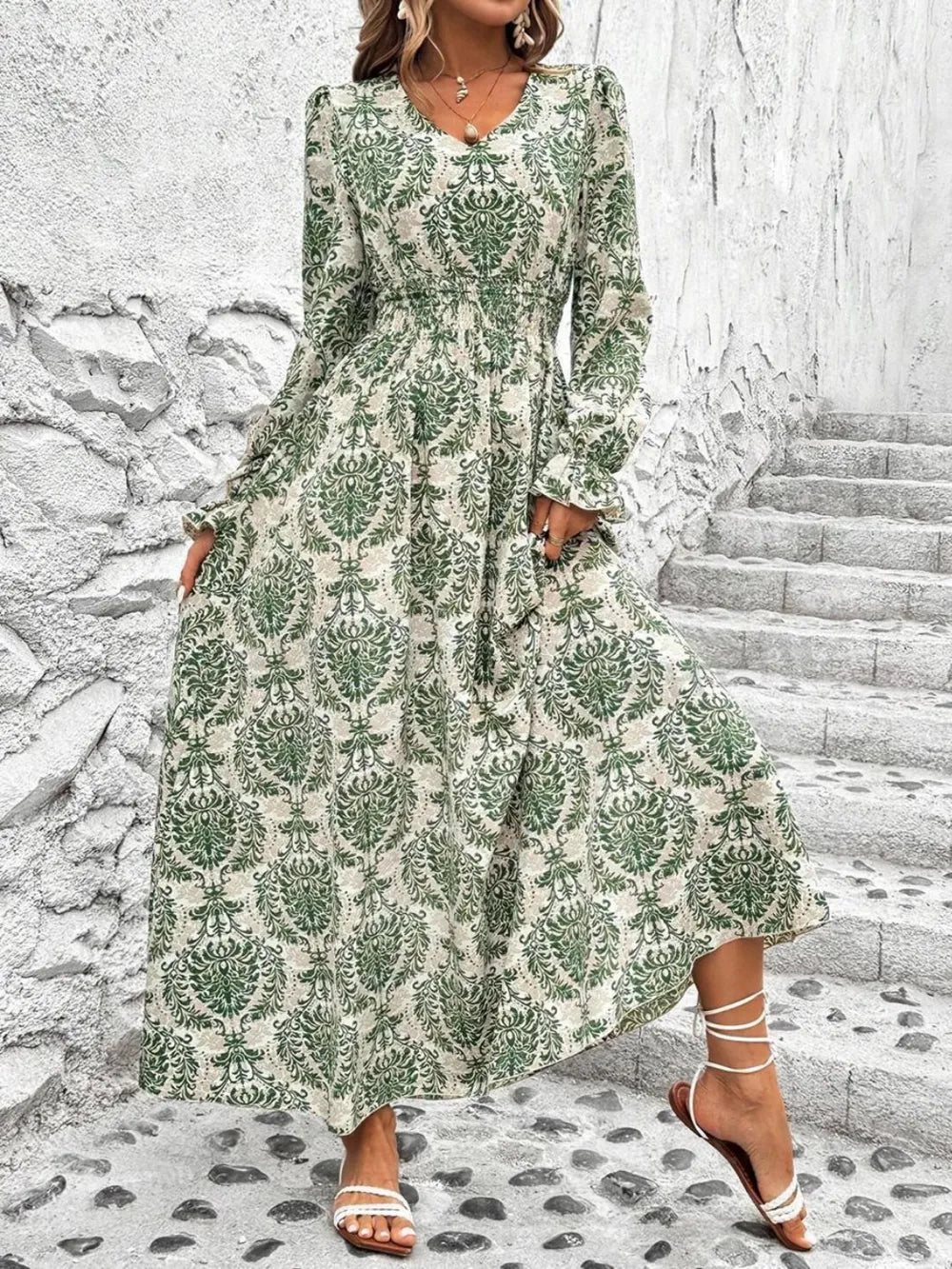 Smocked Printed V-neck Flounce Sleeve Dress (6)