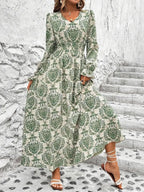 Smocked Printed V-neck Flounce Sleeve Dress (6)