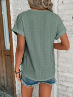 Eyelet Round Neck Short Sleeve T-shirt (19)