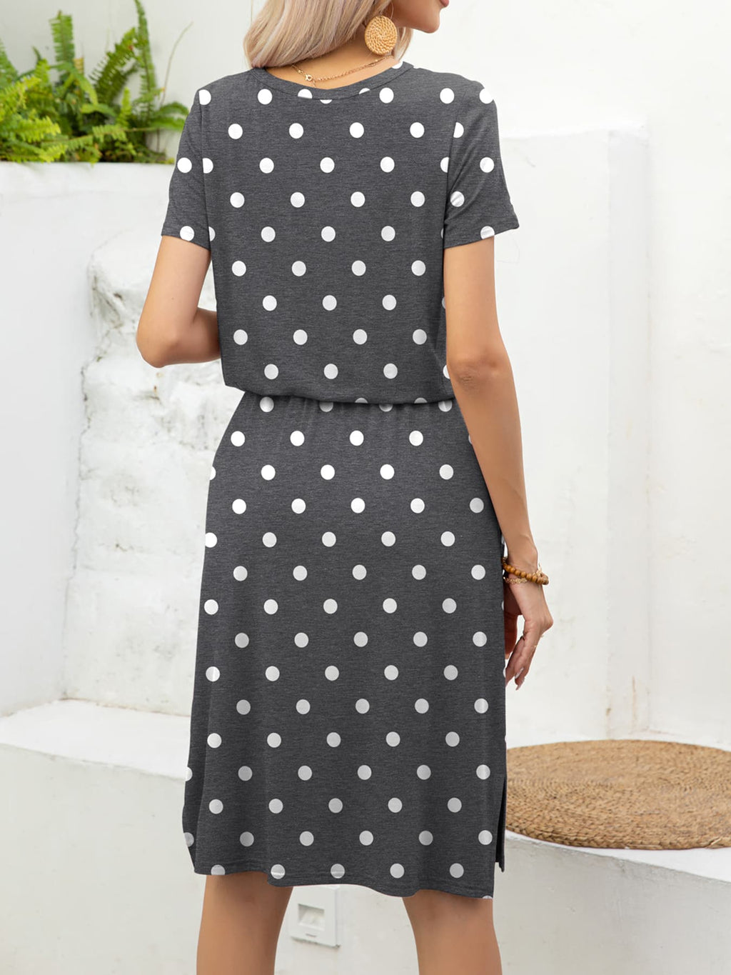Round Neck Short Sleeve Slit Dress Pockets (6)