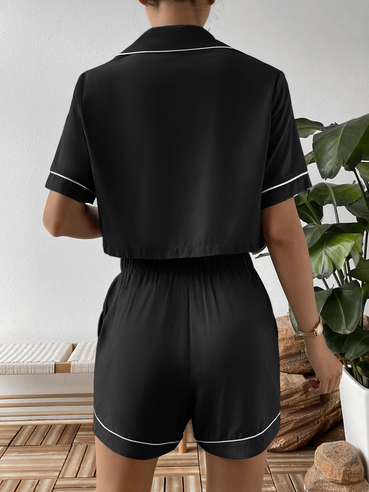 Contrast Lapel Collar Cropped Shirt Shorts Lounge Set (9)