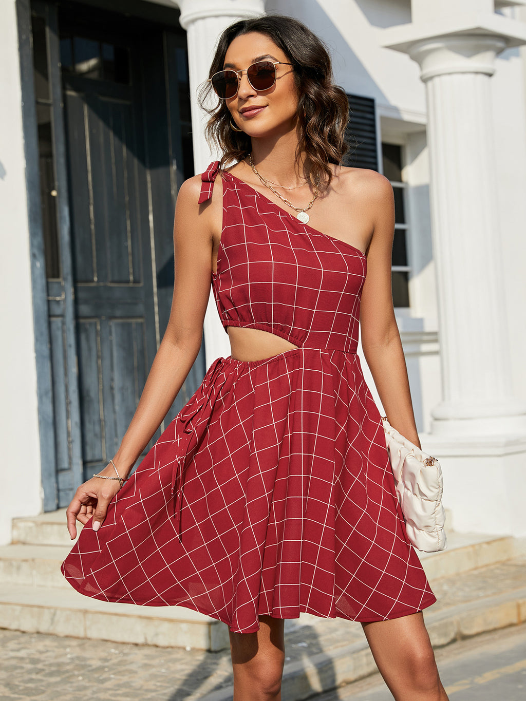 Grid One-shoulder Tied Cutout Dress (12)
