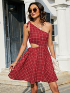 Grid One-shoulder Tied Cutout Dress (12)