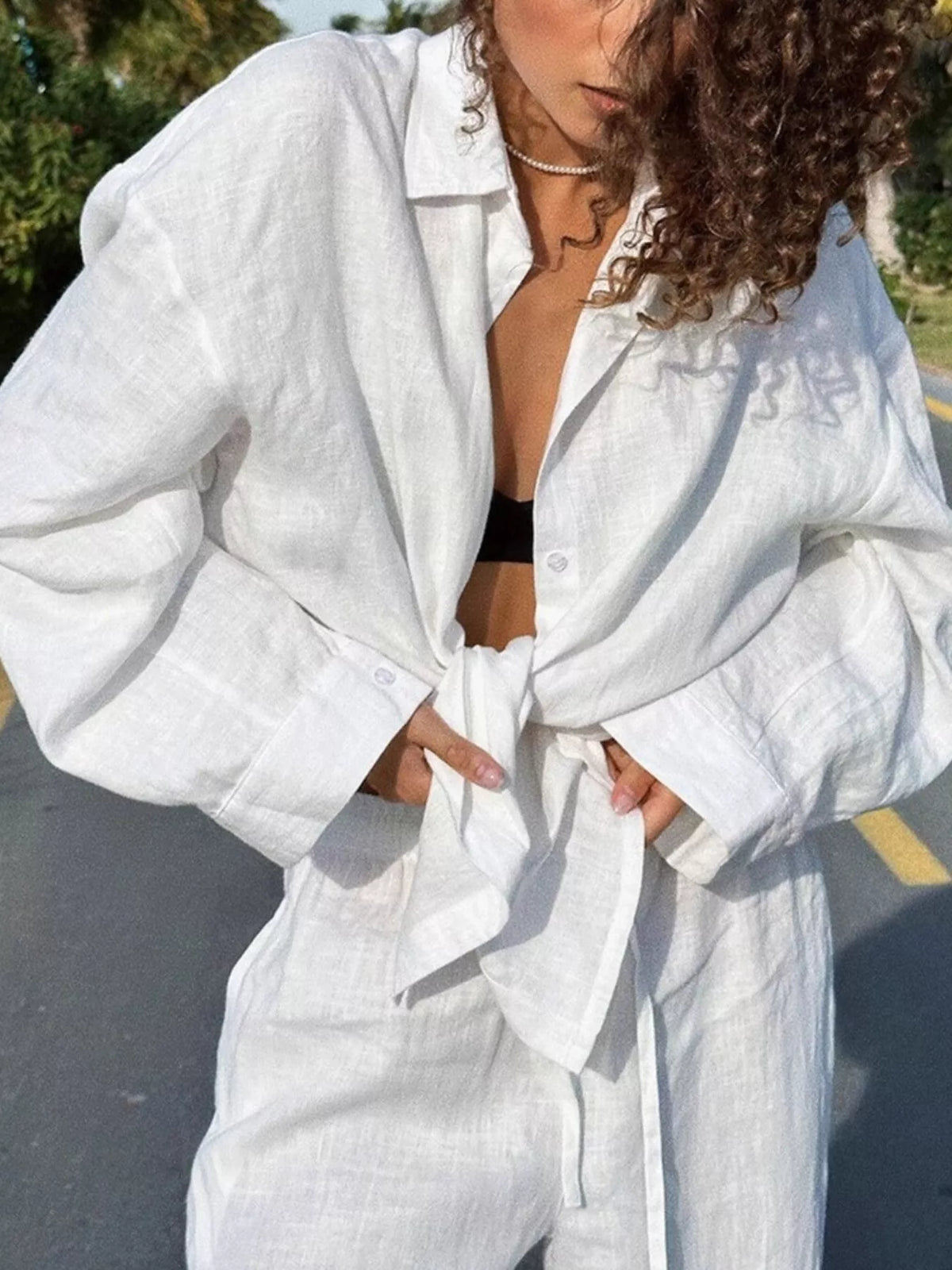 Relaxed Fit Button Up Shirt Pants Two-piece Set (17)