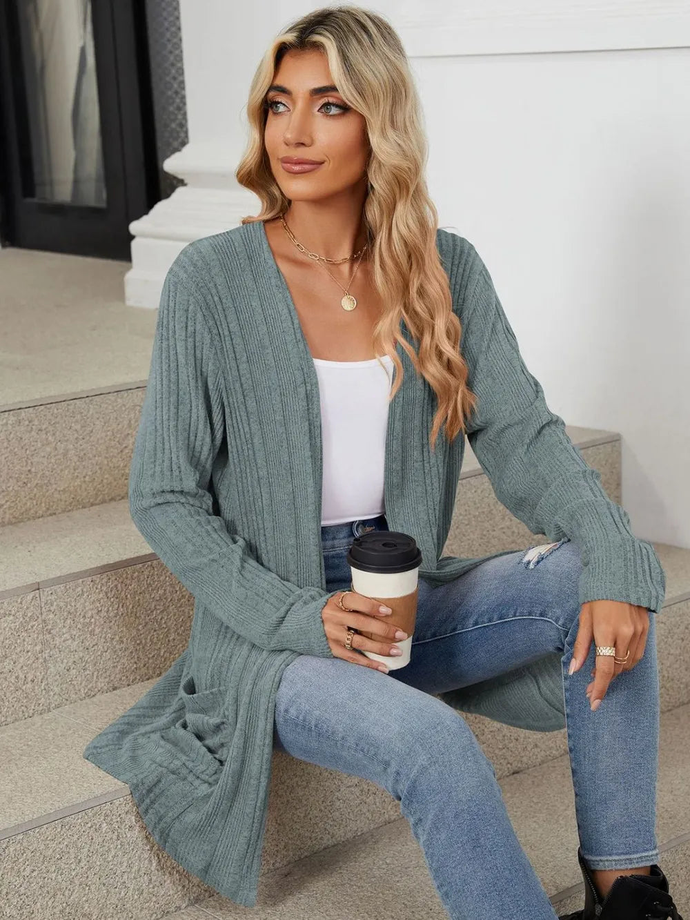 Pocketed Open Front Long Sleeve Cardigan (25)