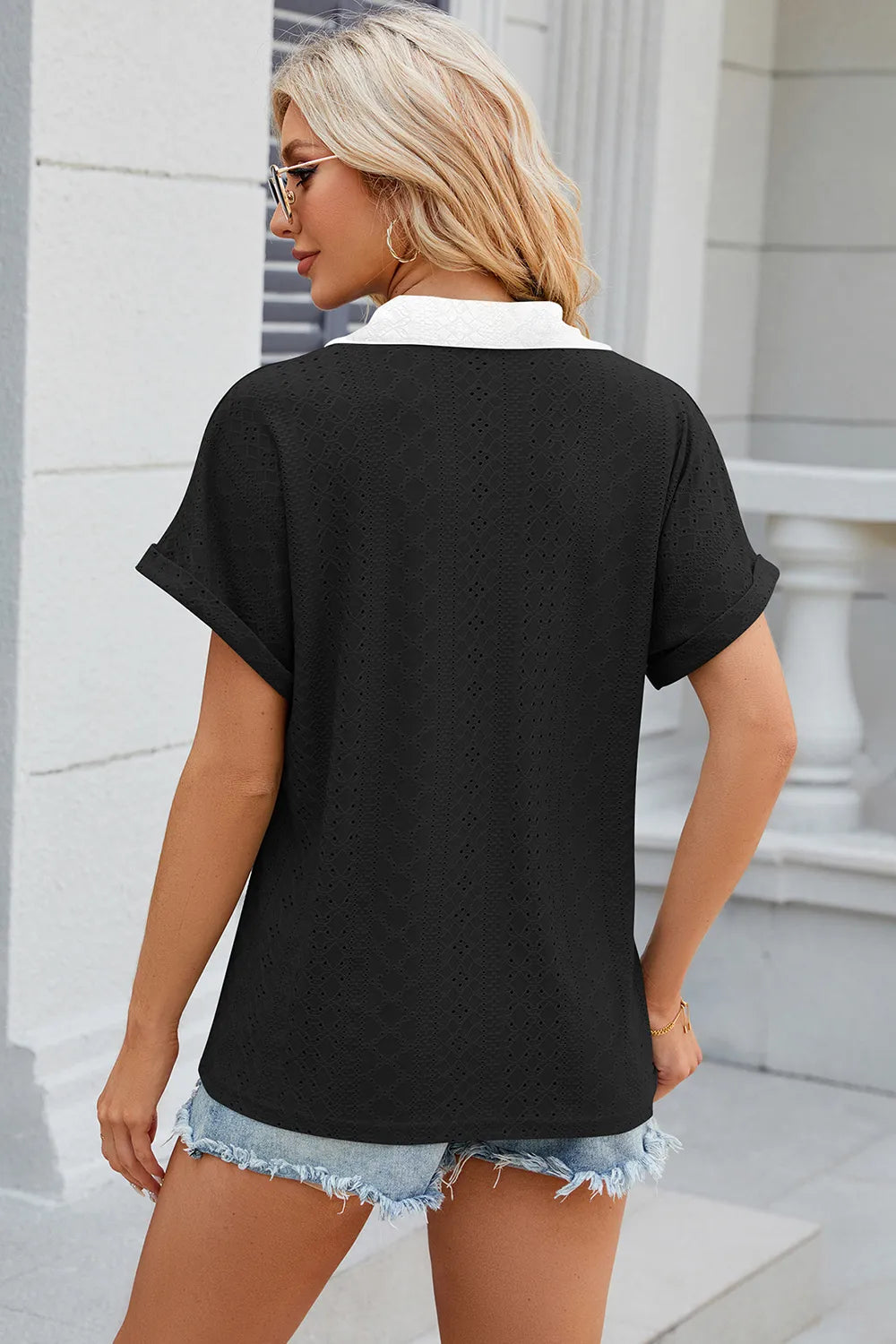 Eyelet Johnny Collar Short Sleeve T-shirt (20)