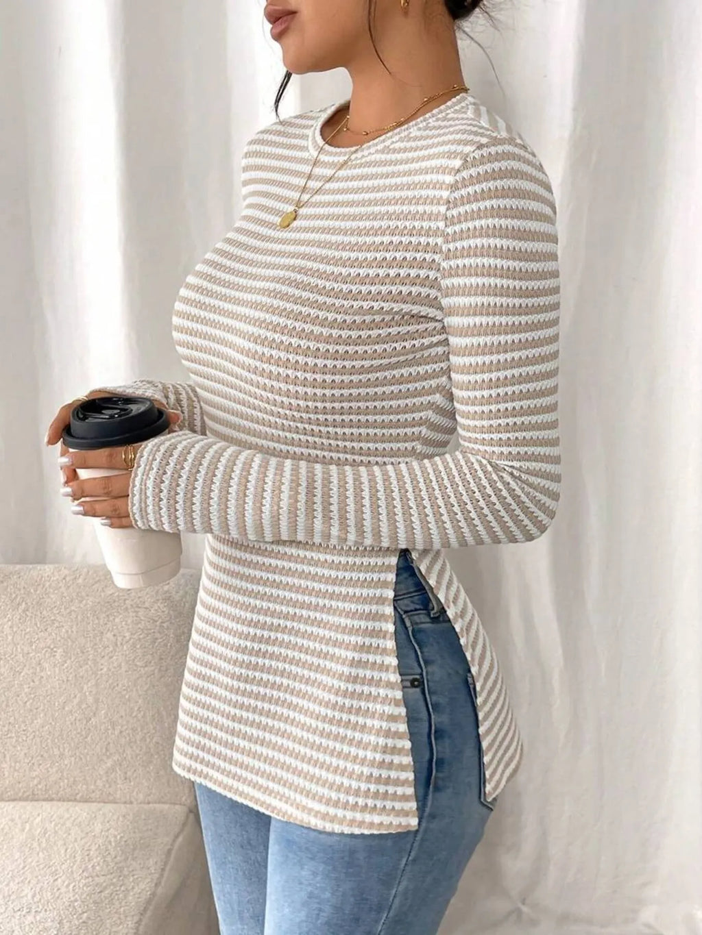 Side Slit Striped Long Sleeve T-shirt (5)