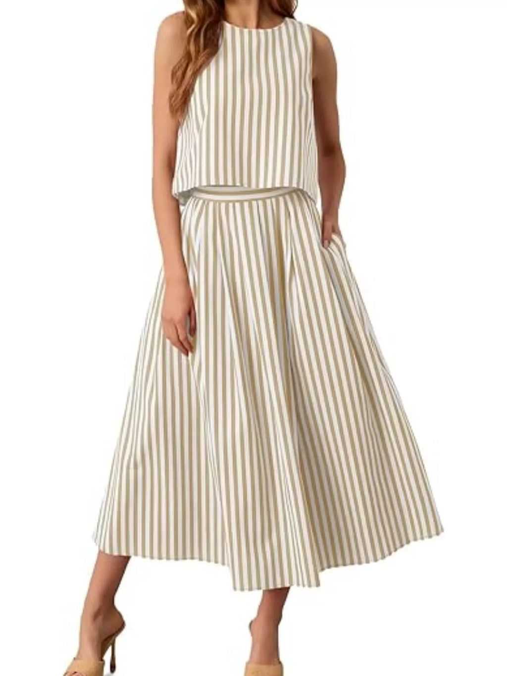 Striped Sleeveless Top Midi Skirt Two-piece Set (9)