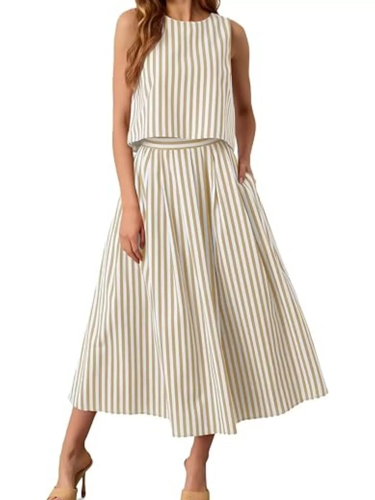 Striped Sleeveless Top Midi Skirt Two-piece Set (9)