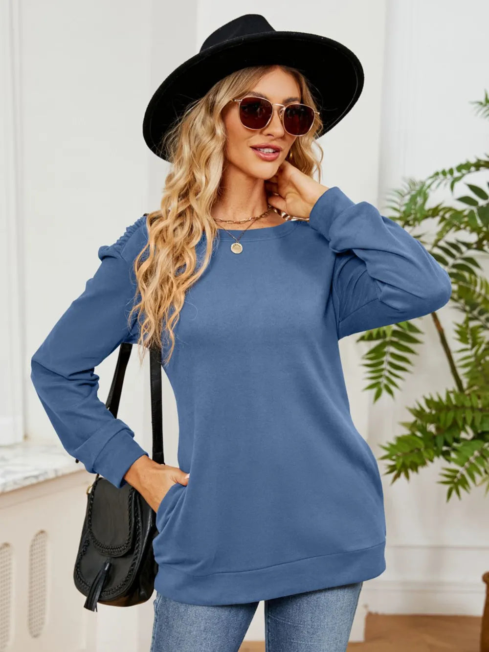 Ruched Shoulder Round Neck Long Sleeve Sweatshirt (9)