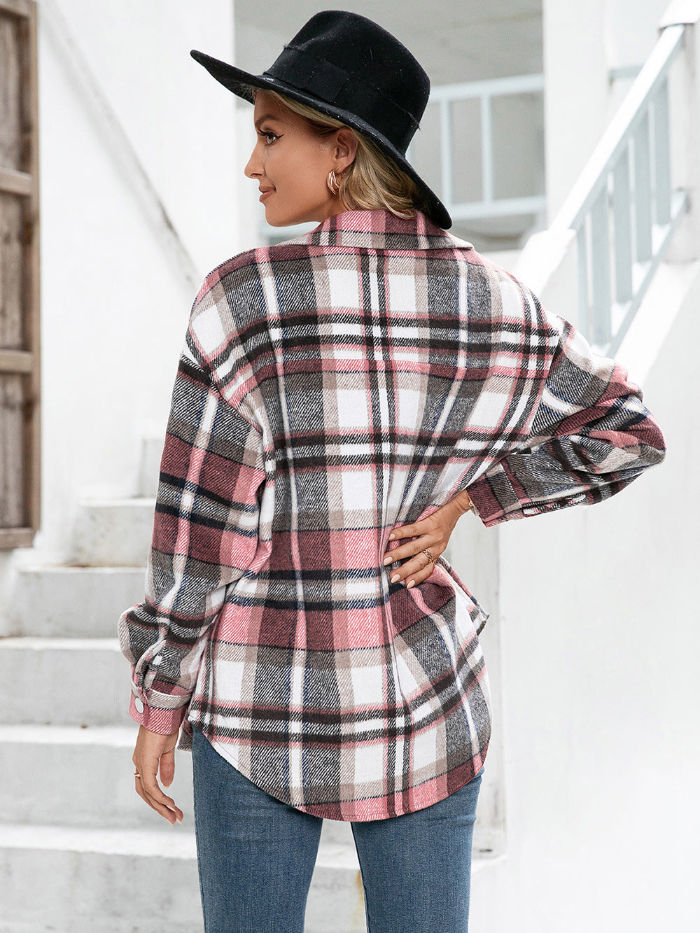 Meet You Outside Plaid Button Down Curved Hem Shacket (9)