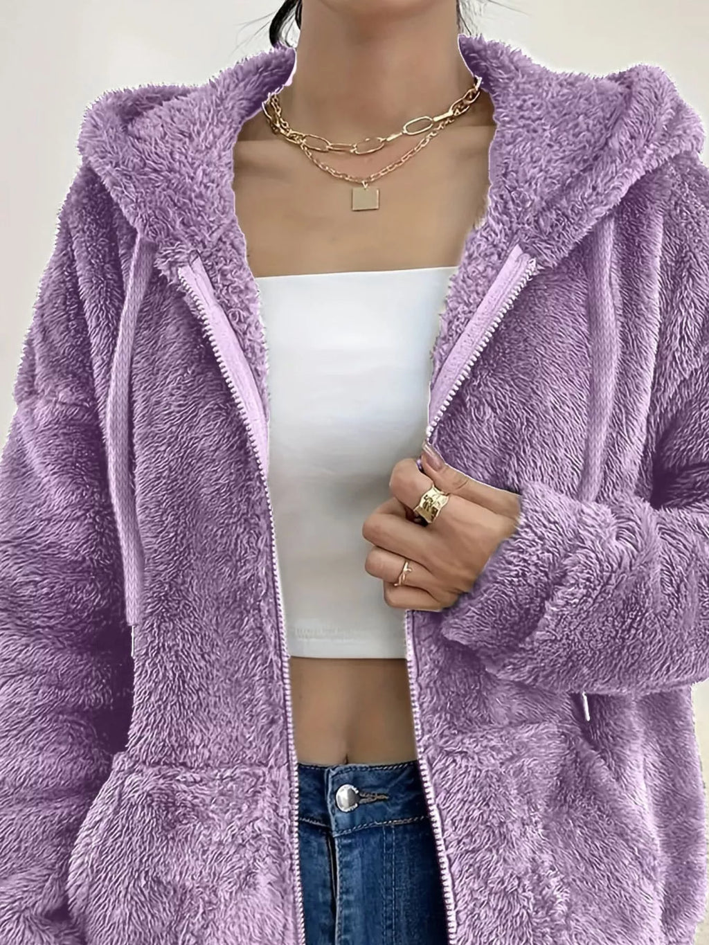 Drawstring Fleece Zip-up Outerwear (17)