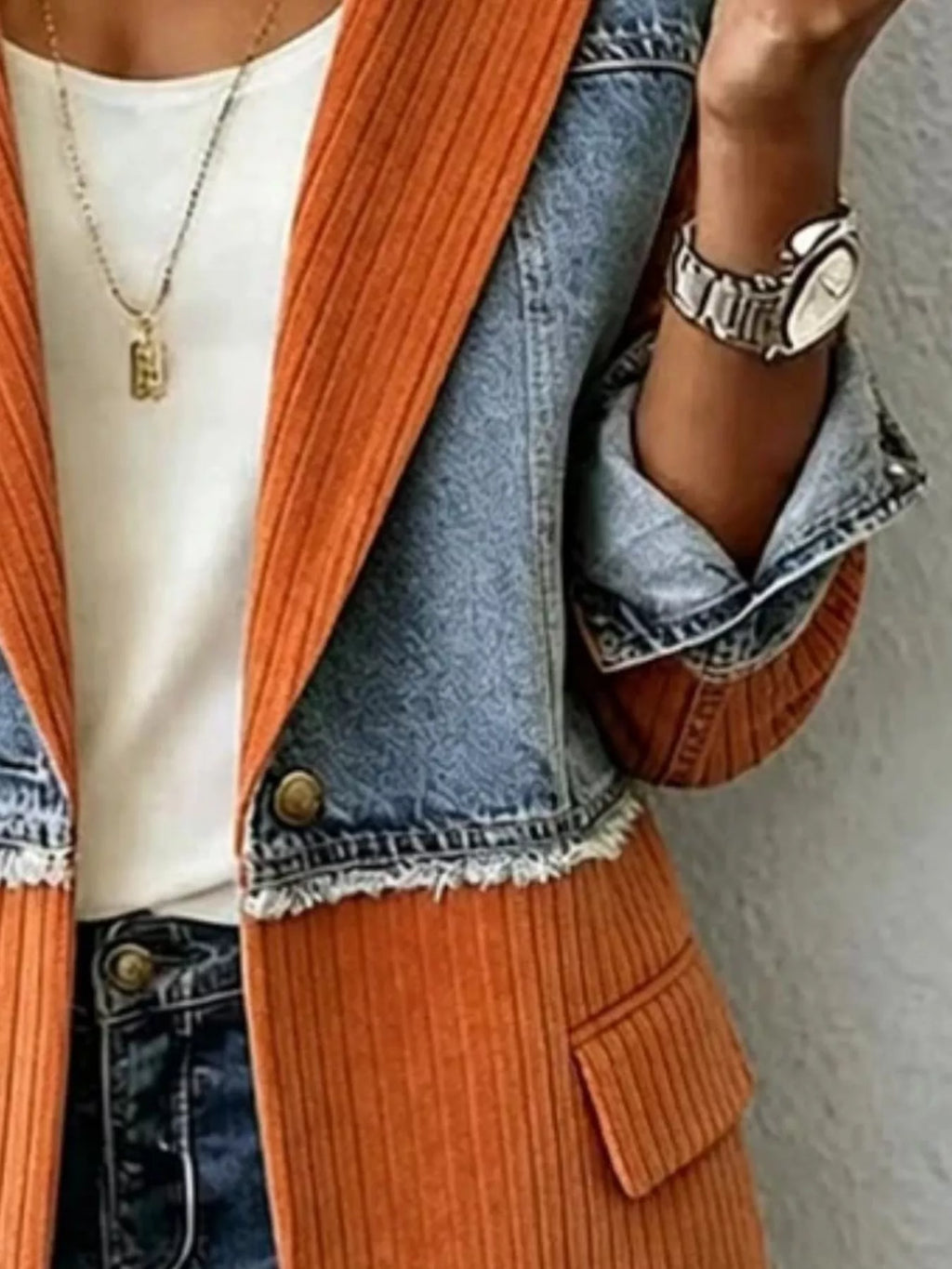 Full Size Patchwork Denim Ribbed Blazer Plus (8)