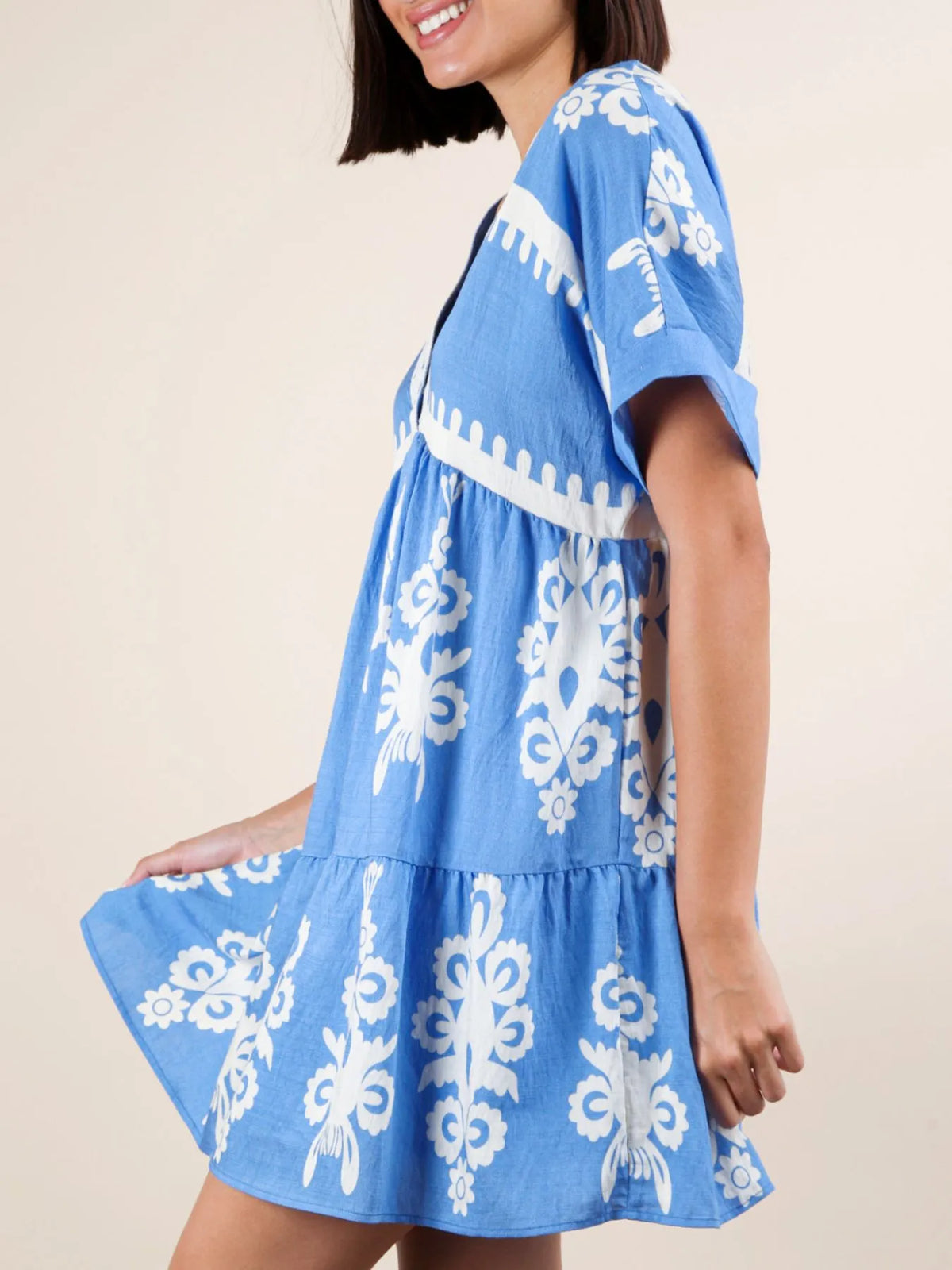Printed V-neck Short Sleeve Mini Dress (17)