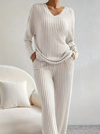 Ribbed Knit V-neck Top Pants Set
