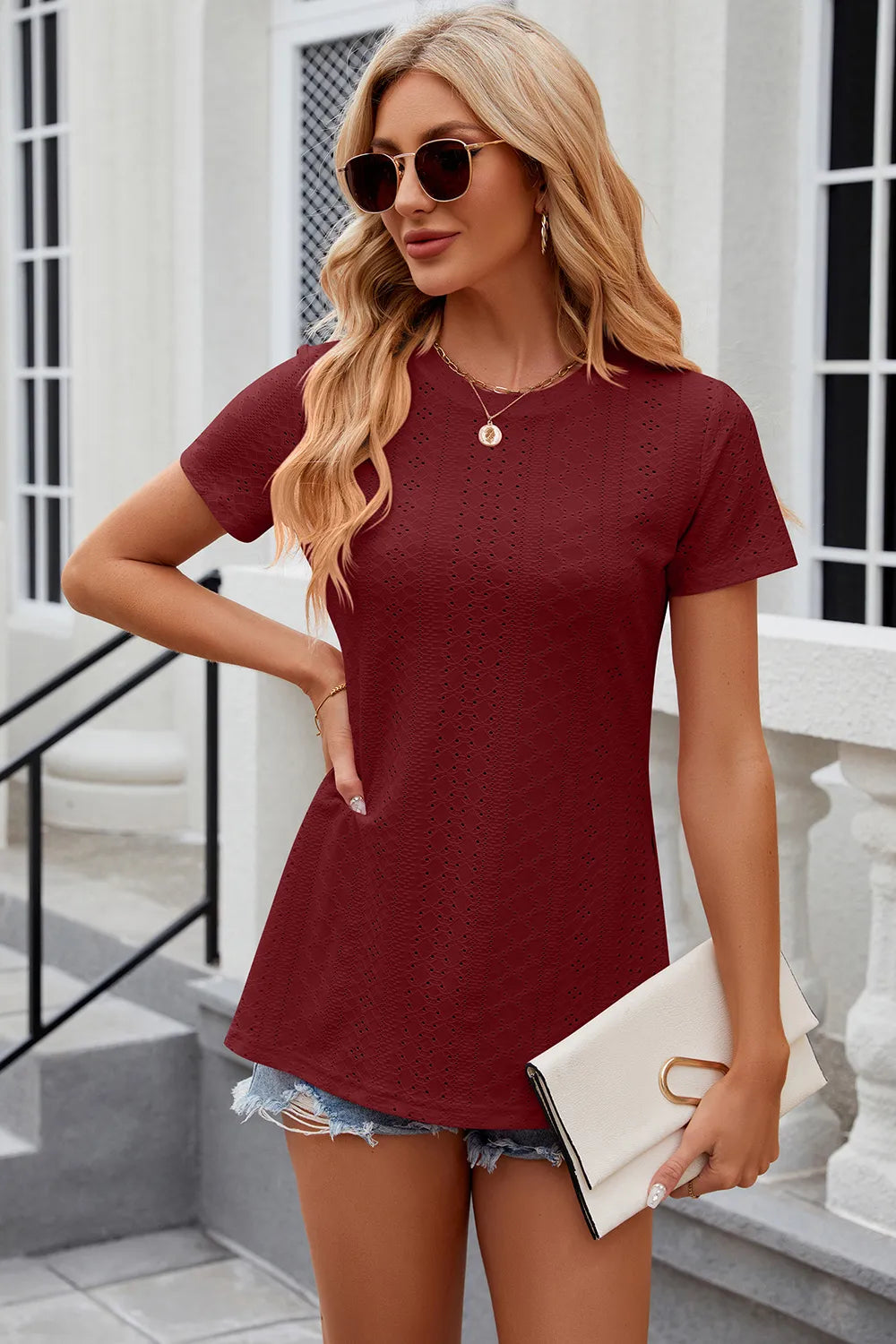 Eyelet Slit Round Neck Short Sleeve T-shirt (6)