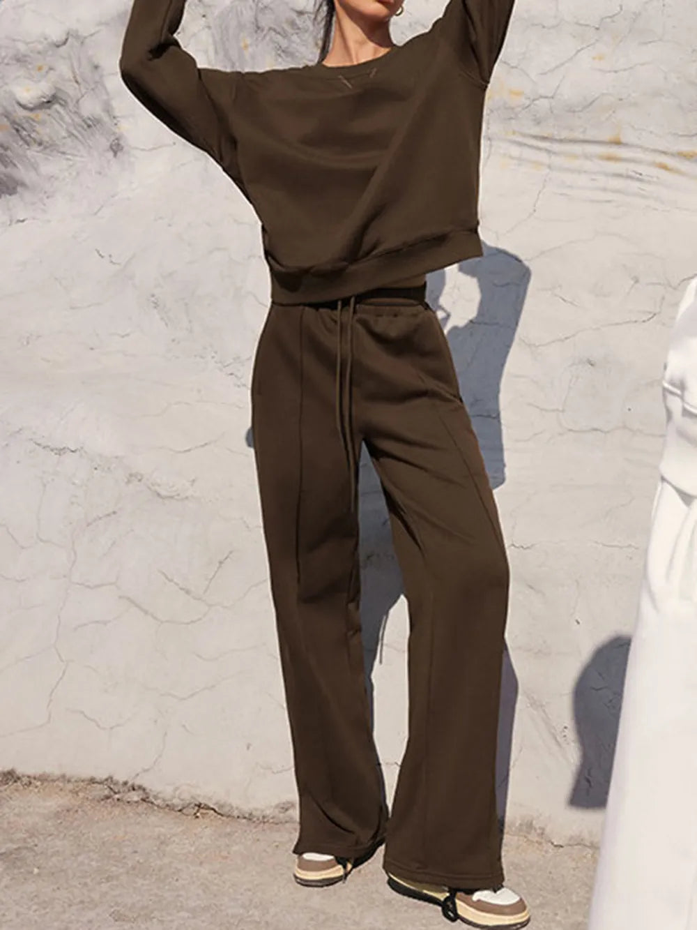 Round Neck Long Sleeve Top Elastic Waist Pants Set (3)