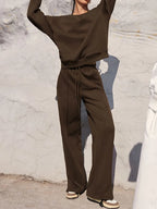 Round Neck Long Sleeve Top Elastic Waist Pants Set (3)
