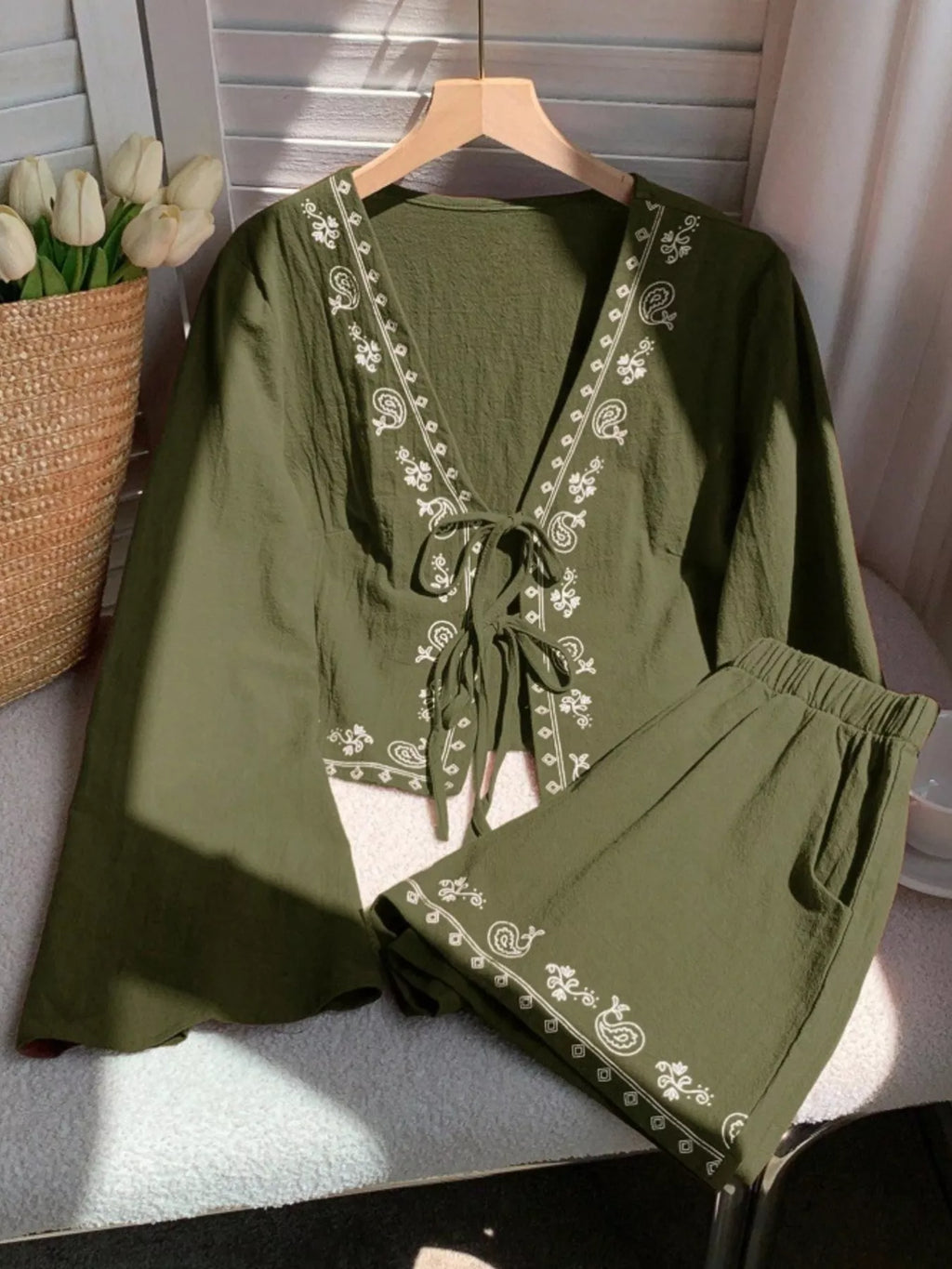 Embroidered Tie-front Top Shorts Set