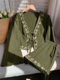 Embroidered Tie-front Top Shorts Set