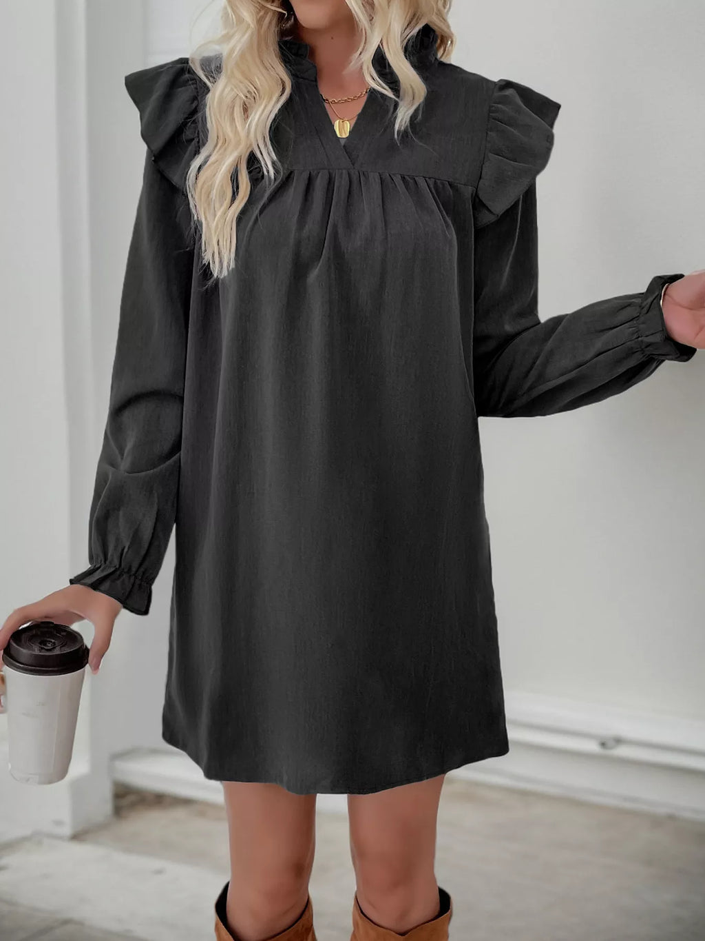 Ruffled Notched Flounce Sleeve Dress (2)