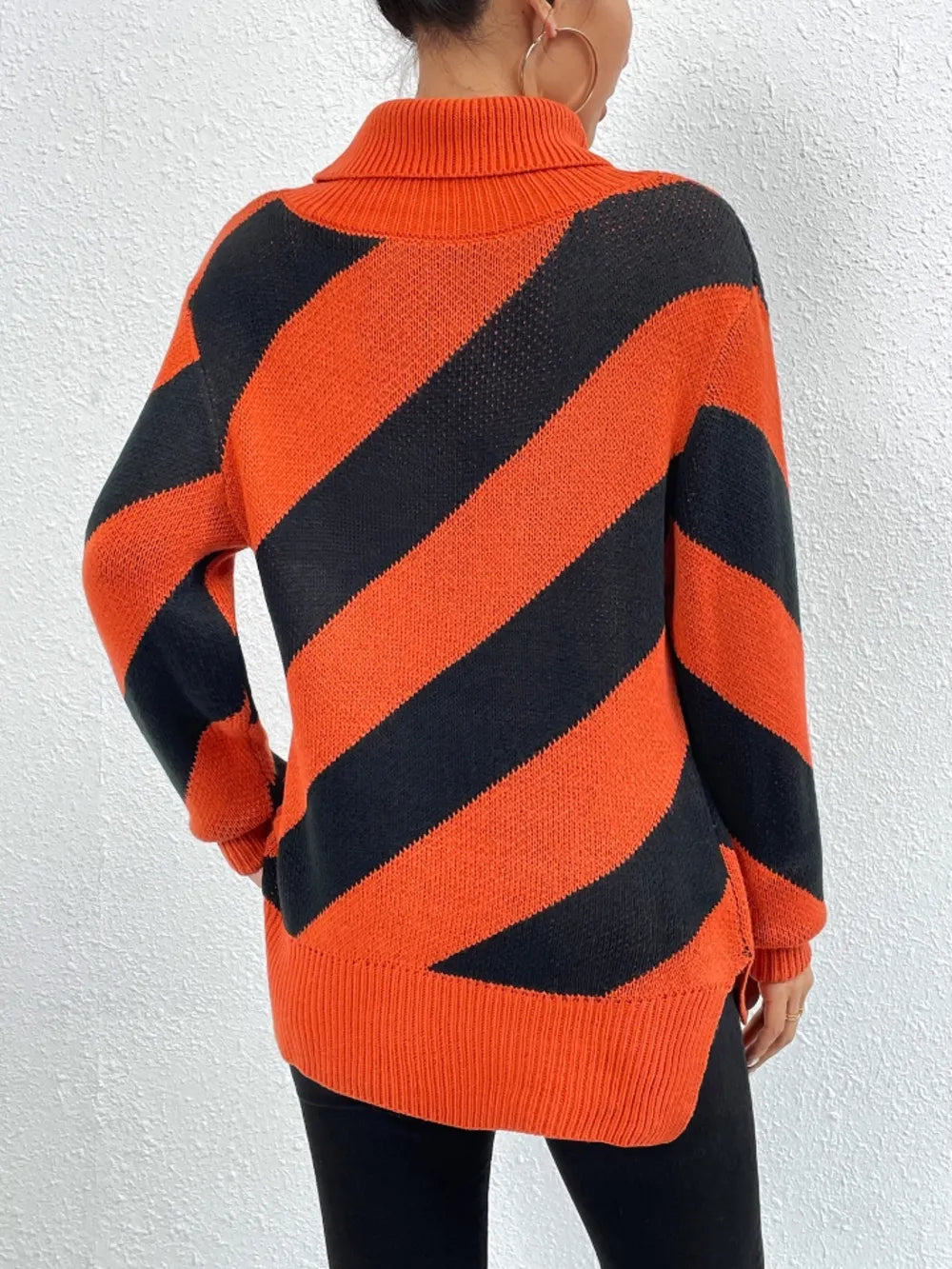 Striped Turtleneck Dropped Shoulder Sweater (2)