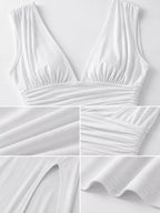 Sleeveless Deep V-neck Ruched High Slit Bodycon Dress (8)