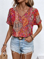 Bohemian Paisley Print V-neck Short Sleeve T-shirt (12)